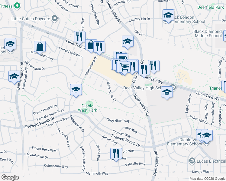 map of restaurants, bars, coffee shops, grocery stores, and more near 5121 Ebbetts Way in Antioch