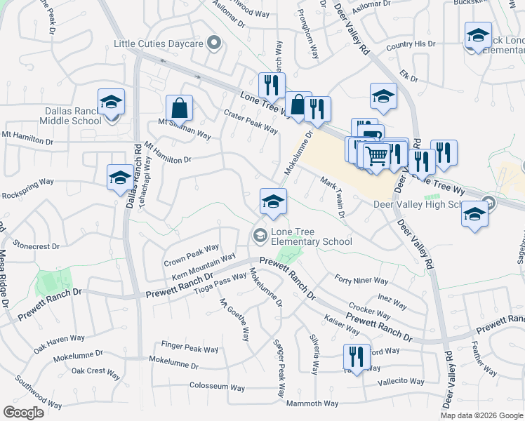 map of restaurants, bars, coffee shops, grocery stores, and more near 1966 Badger Pass Way in Antioch