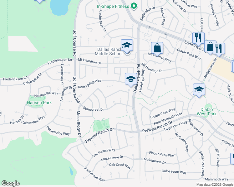 map of restaurants, bars, coffee shops, grocery stores, and more near 1123 Ranch Point Way in Antioch