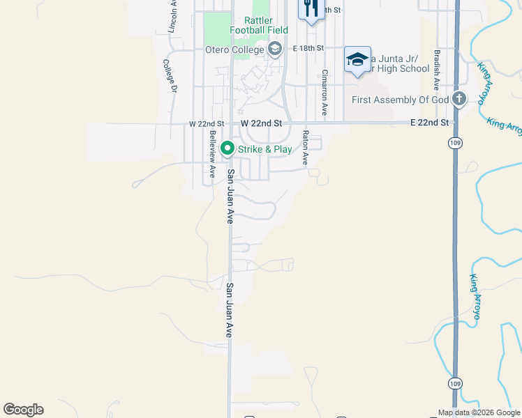 map of restaurants, bars, coffee shops, grocery stores, and more near 27 Chaparral Circle in La Junta