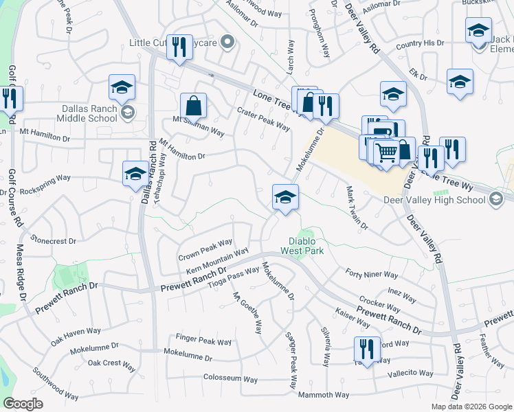 map of restaurants, bars, coffee shops, grocery stores, and more near 1966 Badger Pass Way in Antioch