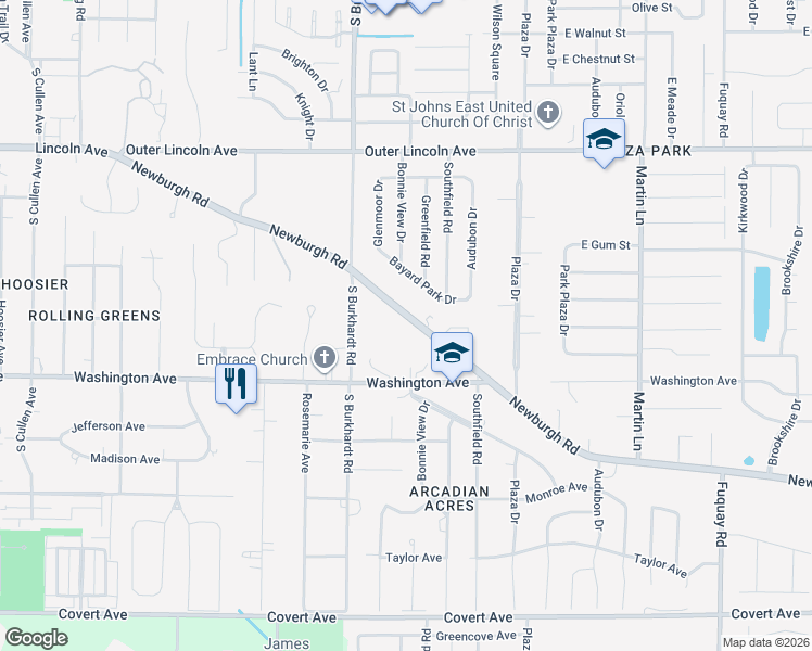 map of restaurants, bars, coffee shops, grocery stores, and more near 6509 Newburgh Road in Evansville