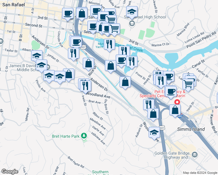 map of restaurants, bars, coffee shops, grocery stores, and more near in San Rafael