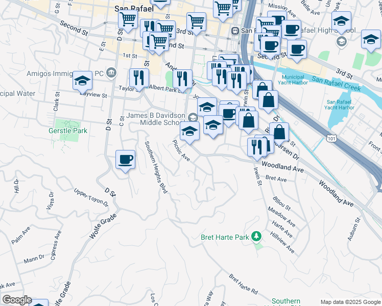map of restaurants, bars, coffee shops, grocery stores, and more near 225 Woodland Avenue in San Rafael