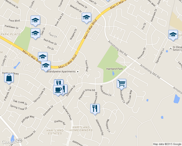 map of restaurants, bars, coffee shops, grocery stores, and more near 2213 Overland Court in Lexington