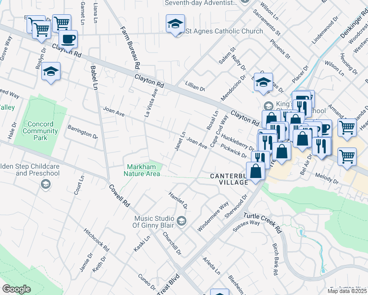 map of restaurants, bars, coffee shops, grocery stores, and more near 4023 Golden Avenue in Concord