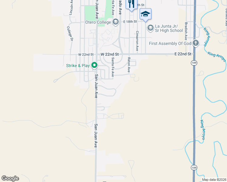 map of restaurants, bars, coffee shops, grocery stores, and more near 50-98 Chaparral Circle in La Junta