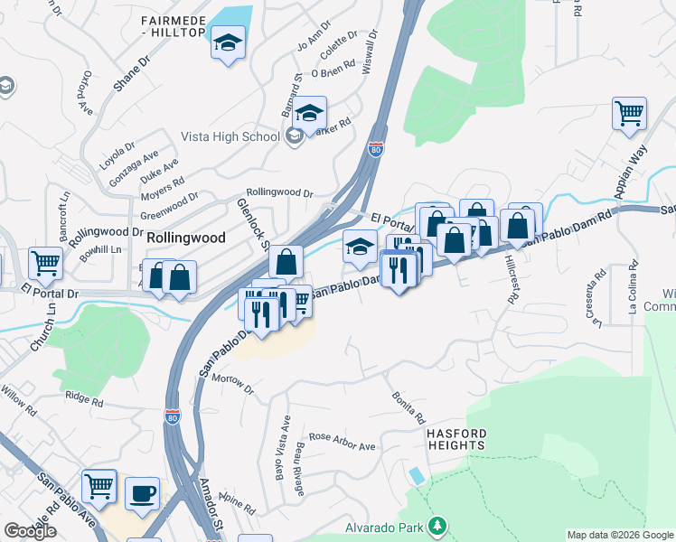 map of restaurants, bars, coffee shops, grocery stores, and more near 4113 Mifflin Avenue in El Sobrante