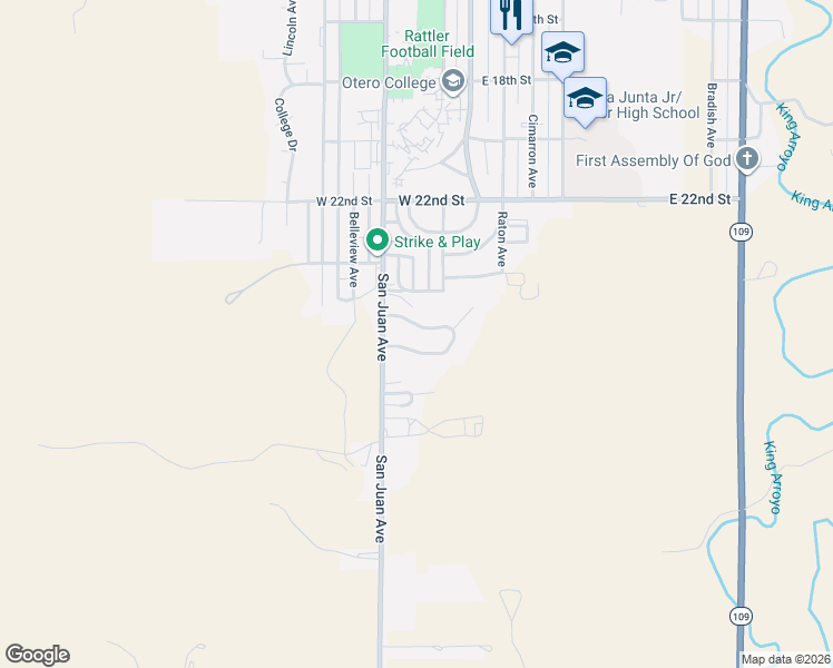 map of restaurants, bars, coffee shops, grocery stores, and more near 27 Chaparral Circle in La Junta