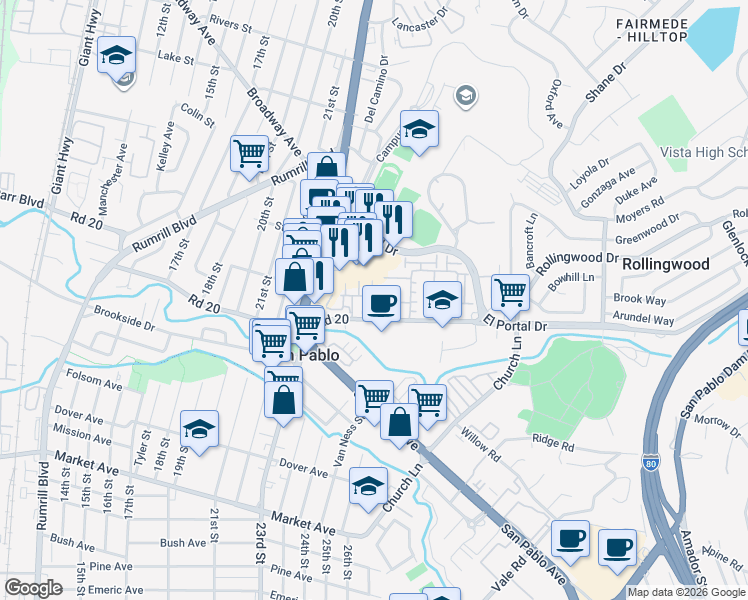 map of restaurants, bars, coffee shops, grocery stores, and more near 112 Serra Way in San Pablo