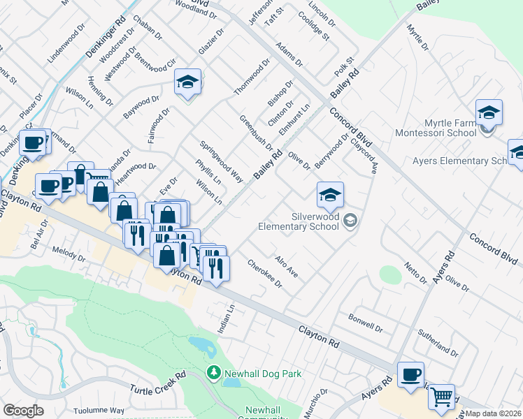 map of restaurants, bars, coffee shops, grocery stores, and more near 1663 Matheson Road in Concord