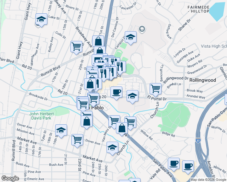 map of restaurants, bars, coffee shops, grocery stores, and more near 102 Del Alba Street in San Pablo
