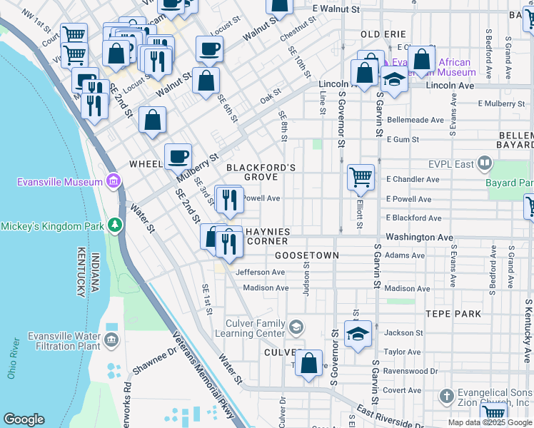 map of restaurants, bars, coffee shops, grocery stores, and more near in Evansville