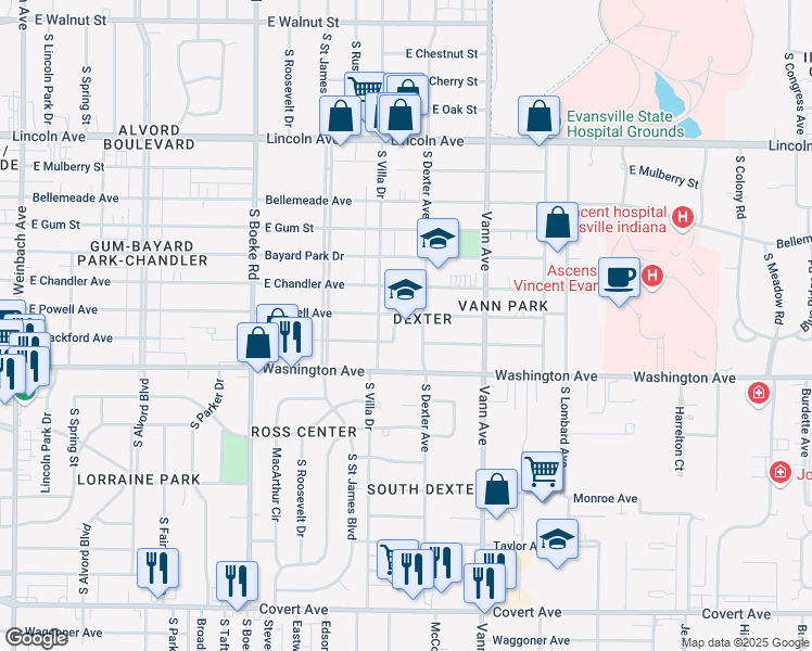 map of restaurants, bars, coffee shops, grocery stores, and more near 917 South Dexter Avenue in Evansville