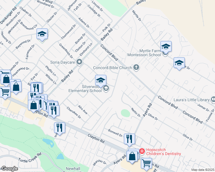 map of restaurants, bars, coffee shops, grocery stores, and more near 4770 Olive Drive in Concord