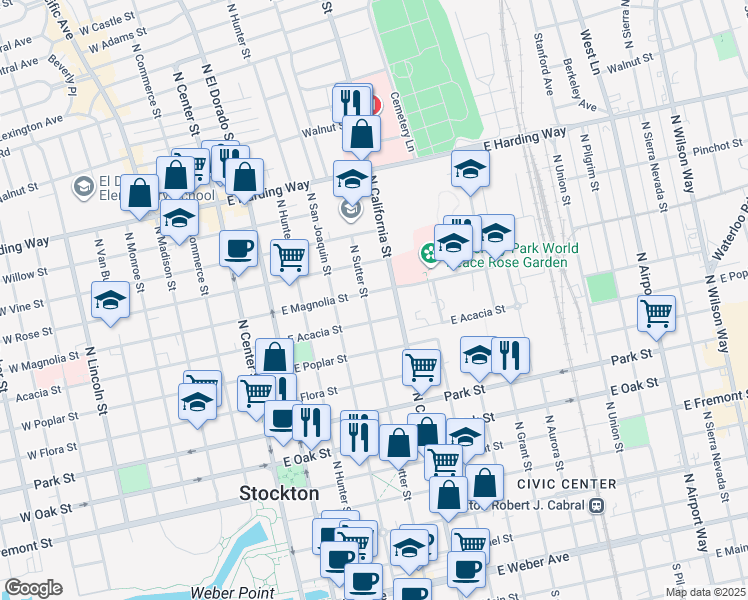 map of restaurants, bars, coffee shops, grocery stores, and more near 1036 North Sutter Street in Stockton