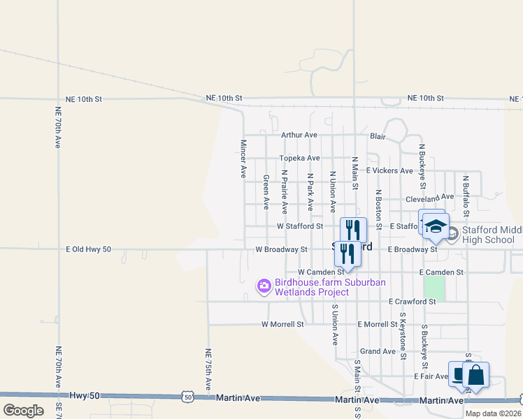 map of restaurants, bars, coffee shops, grocery stores, and more near 502 W Stafford St in Stafford