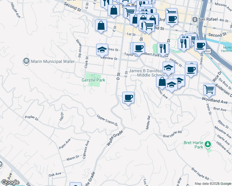map of restaurants, bars, coffee shops, grocery stores, and more near 205 D Street in San Rafael
