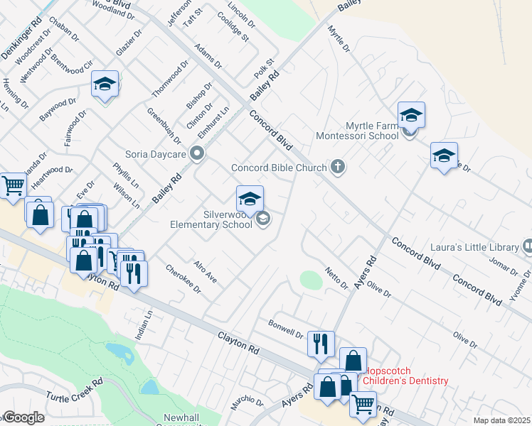 map of restaurants, bars, coffee shops, grocery stores, and more near 4770 Olive Drive in Concord