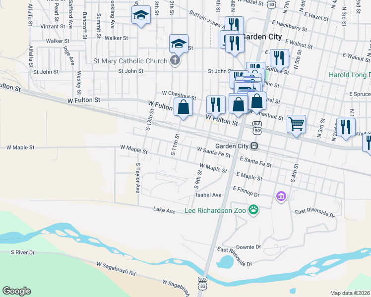 map of restaurants, bars, coffee shops, grocery stores, and more near 209 South 10th Street in Garden City