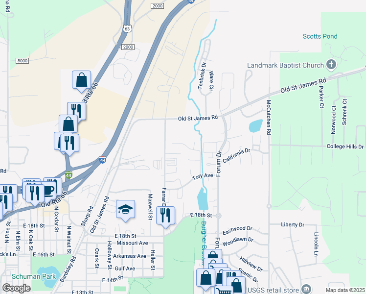 map of restaurants, bars, coffee shops, grocery stores, and more near 2009 Holt Avenue in Rolla