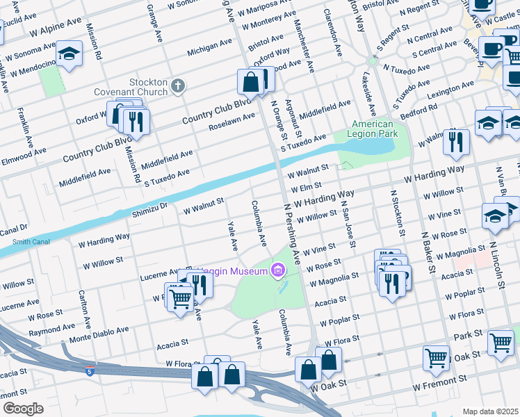 map of restaurants, bars, coffee shops, grocery stores, and more near 1495 West Harding Way in Stockton