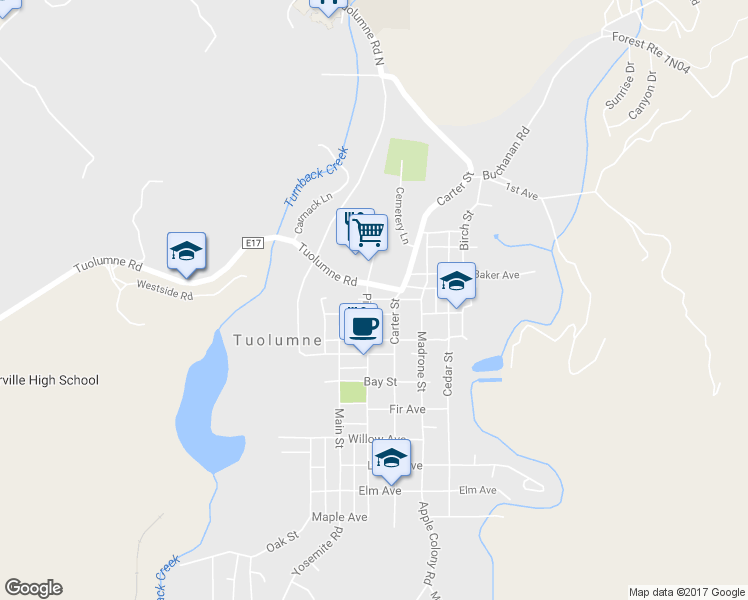 map of restaurants, bars, coffee shops, grocery stores, and more near 18433 Gardner Avenue in Tuolumne
