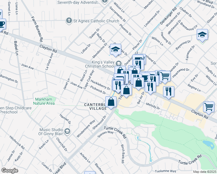 map of restaurants, bars, coffee shops, grocery stores, and more near 4185 Huckleberry Drive in Concord