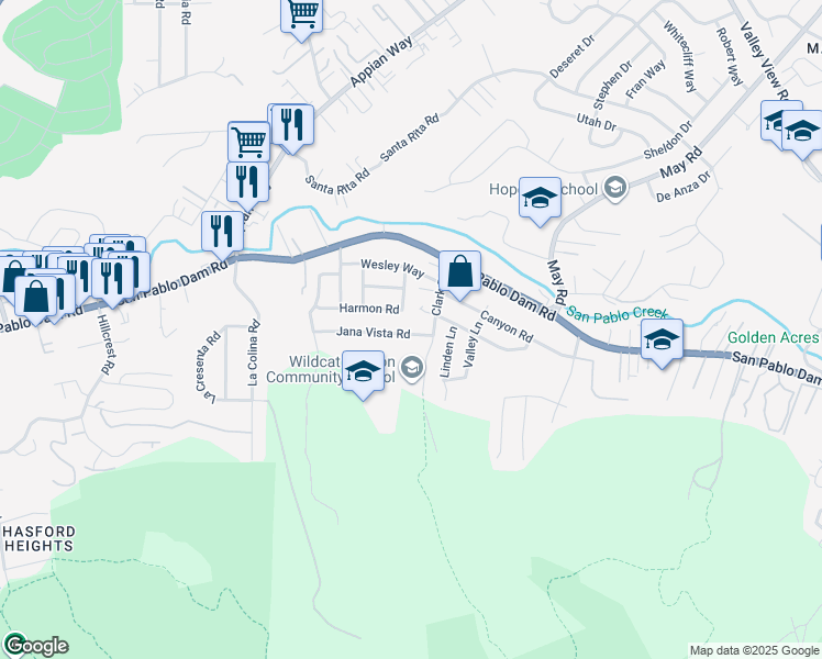 map of restaurants, bars, coffee shops, grocery stores, and more near 4441 Jana Vista Road in El Sobrante
