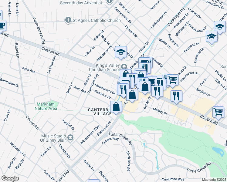 map of restaurants, bars, coffee shops, grocery stores, and more near 4185 Huckleberry Drive in Concord