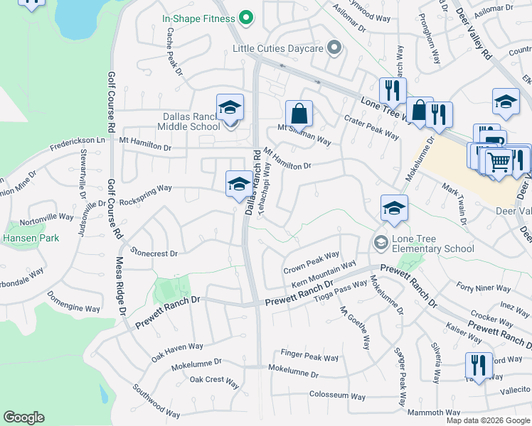 map of restaurants, bars, coffee shops, grocery stores, and more near 1801 Badger Pass Way in Antioch