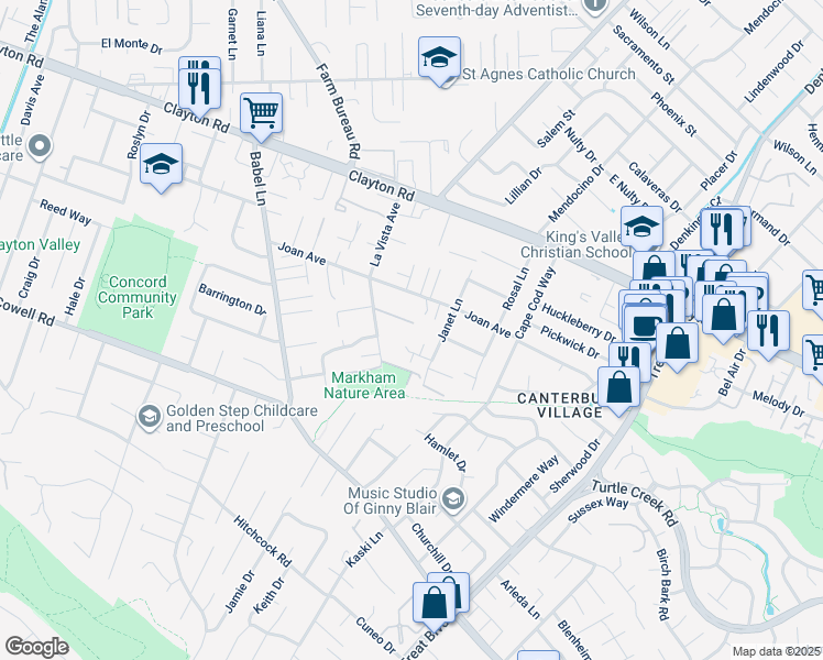 map of restaurants, bars, coffee shops, grocery stores, and more near 1377 Janet Lane in Concord