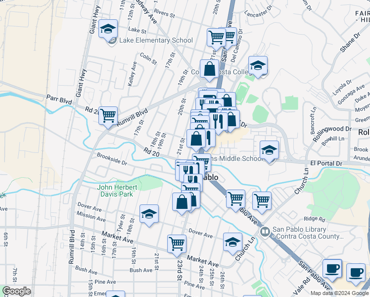 map of restaurants, bars, coffee shops, grocery stores, and more near 2101 Road 20 in San Pablo