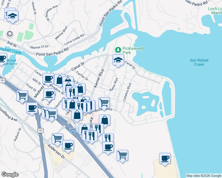 map of restaurants, bars, coffee shops, grocery stores, and more near 16 Isla Vista Lane in San Rafael