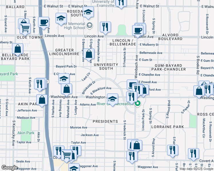 map of restaurants, bars, coffee shops, grocery stores, and more near 950 South Rotherwood Avenue in Evansville