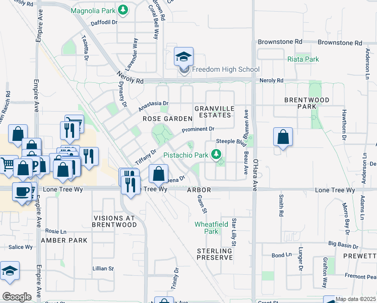 map of restaurants, bars, coffee shops, grocery stores, and more near 2567 Handel Way in Brentwood