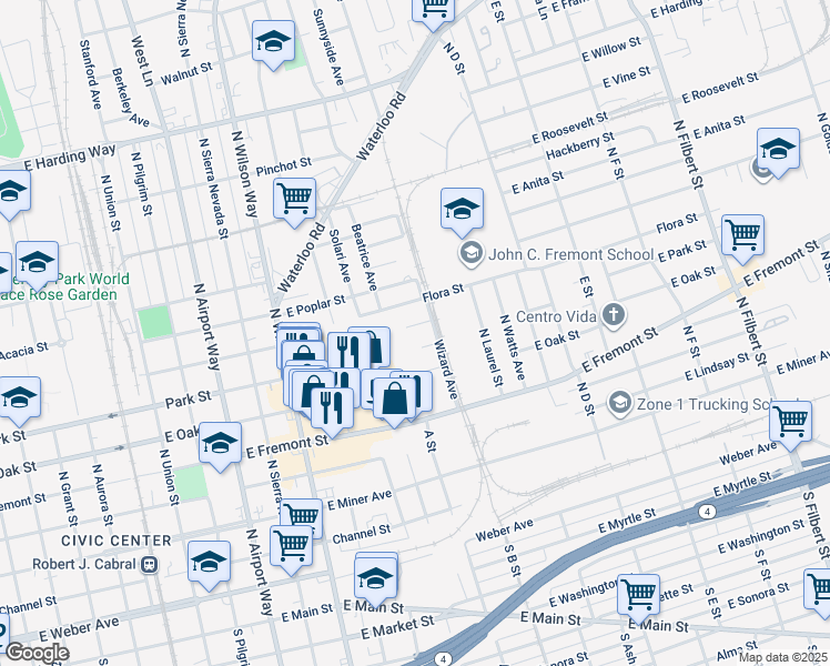 map of restaurants, bars, coffee shops, grocery stores, and more near 1916 Vicki Lane in Stockton