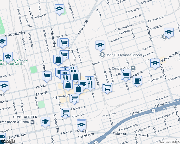 map of restaurants, bars, coffee shops, grocery stores, and more near 1916 Vicki Lane in Stockton