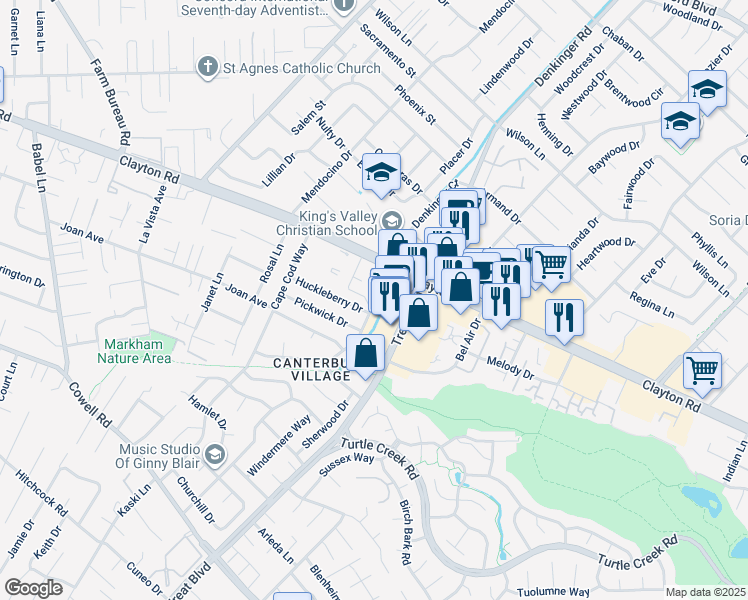 map of restaurants, bars, coffee shops, grocery stores, and more near 4260 Clayton Road in Concord