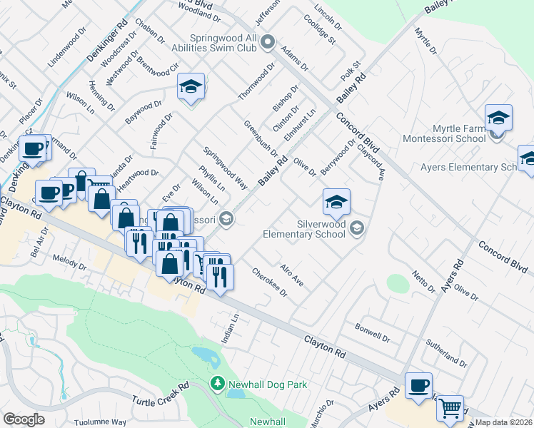 map of restaurants, bars, coffee shops, grocery stores, and more near 4719 Springwood Way in Concord