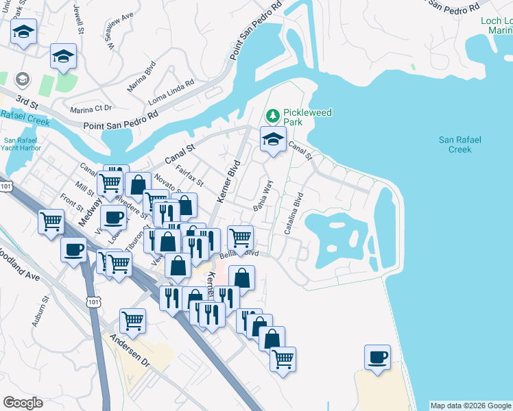 map of restaurants, bars, coffee shops, grocery stores, and more near 16 Isla Vista Lane in San Rafael