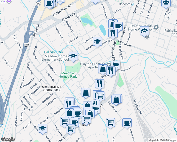 map of restaurants, bars, coffee shops, grocery stores, and more near 1273 Detroit Avenue in Concord