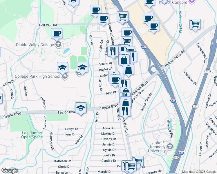 map of restaurants, bars, coffee shops, grocery stores, and more near 880 Audrey Court in Pleasant Hill