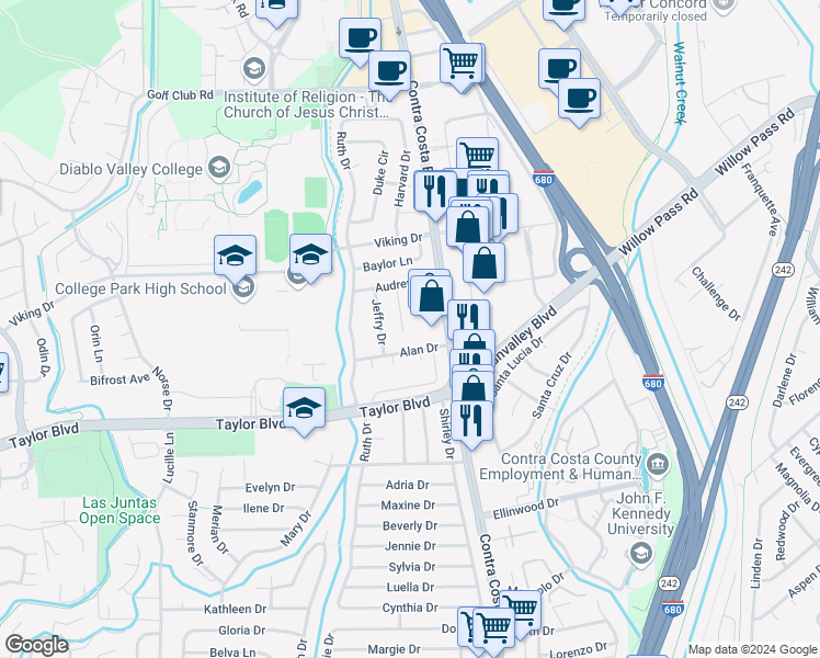 map of restaurants, bars, coffee shops, grocery stores, and more near 880 Audrey Court in Pleasant Hill