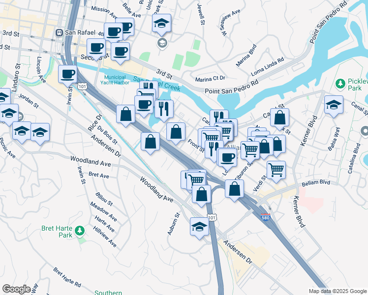 map of restaurants, bars, coffee shops, grocery stores, and more near 722 Francisco Boulevard East in San Rafael