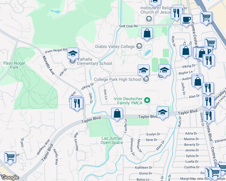 map of restaurants, bars, coffee shops, grocery stores, and more near 2152 Norse Drive in Pleasant Hill