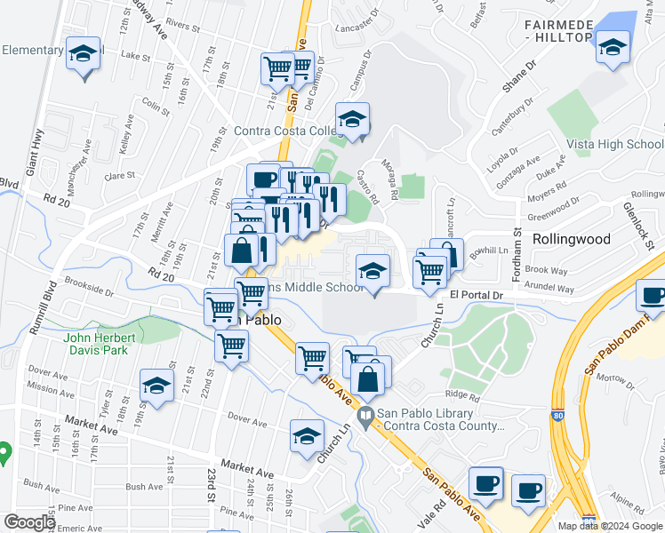 map of restaurants, bars, coffee shops, grocery stores, and more near 109 Carmel Street in San Pablo