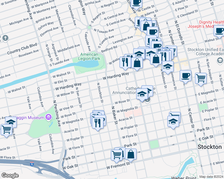 map of restaurants, bars, coffee shops, grocery stores, and more near 740 West Willow Street in Stockton