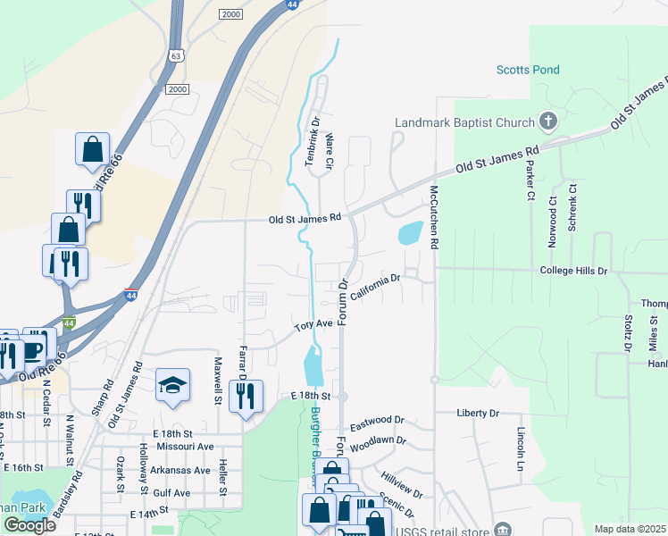 map of restaurants, bars, coffee shops, grocery stores, and more near 2005 Forum Drive in Rolla