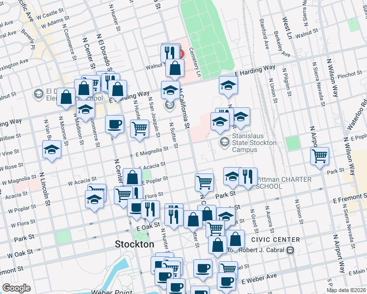 map of restaurants, bars, coffee shops, grocery stores, and more near 1018 North Sutter Street in Stockton